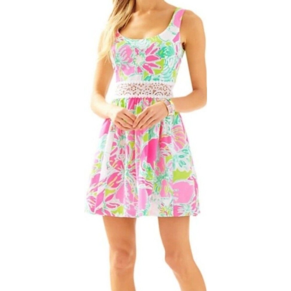 Lilly Pulitzer Sundress  Women's Sz 00 Muticolor Peek-A-Boo Lace Insert Cotton